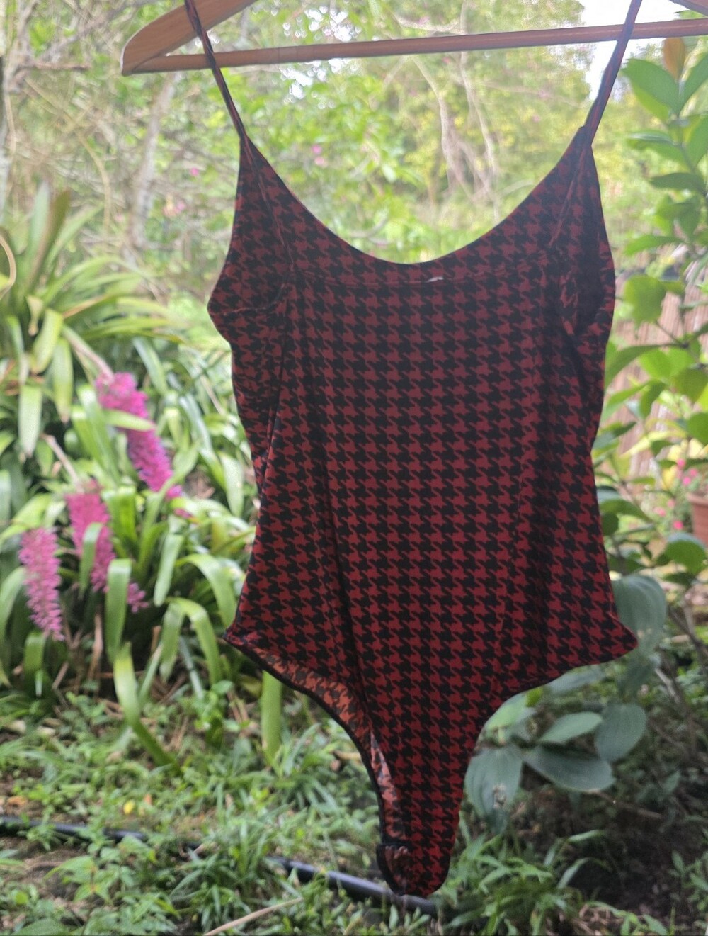 Red and Black Houndstooth Spaghetti Strap Bodysuit